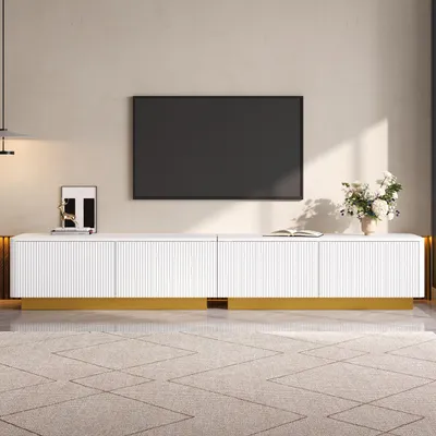Produktbild von Merax TV-Lowboard mit Rillenfront, TV-Schrank mit Schubladen und Türen, TV-Board mit Kabelmanagement, Fernsehschrank aus MDF + PB, Wohnzimmer, Weiß