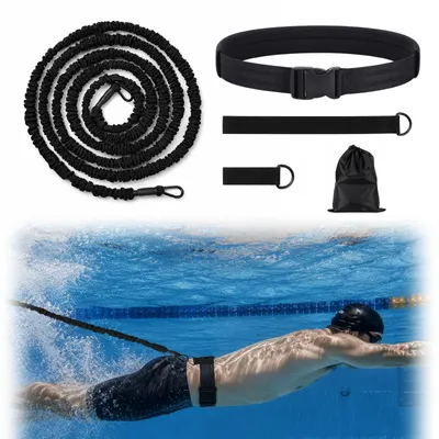 Produktbild von Schwimmtrainer Set mit Elastic Bungee-Seil (4m), Schwimmgurt für Pool & Garten, Verstellbarer Schwimmgürtel (65-135cm) für Erwachsene Kinder, Schwarz