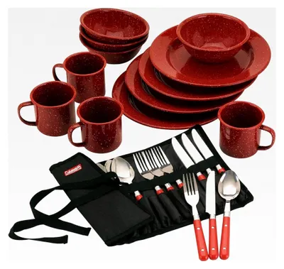 Produktbild von 24-teiliges Emaille-Geschirrset für Camping und Outdoor, spülmaschinenfest mit Tragetasche