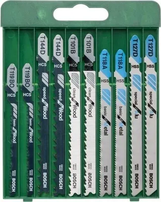 Zdjęcie produktu dla Brzeszczoty do wyrzynarki BOSCH, 10 sztuk, HSS Bimetal, Do drewna i metalu, T 101 B, T 144 D, T 119 BO, T 118 A, T 127 D