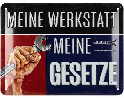 Produktbild von LANOLU retro Blechschild Meine WERKSTATT meine GESETZE, Deko Werkstatt Papa, Vatertagsgeschenk Schild, Werkstattschild Regeln, 15x20cm