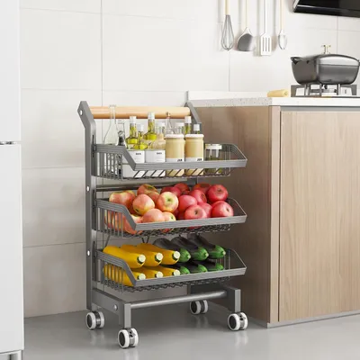 Produktbild von Jojoka Kš¹chenwagen schmal mit Rollen, 3 Ebenen, Gemš¹seregal, 15 kg Traglast, Metall, Grau