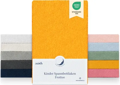 A display of multiple fitted sheets in various colors, with a prominent orange one in the center, showcasing the brand and product details.