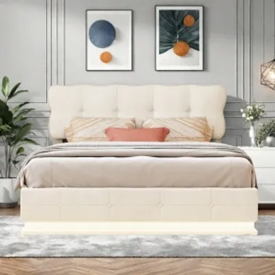 Produktbild von UnboxG Polsterbett mit Stauraum und Lattenrost, Boxspringbett 140x200cm Doppelbett mit Led, Stauraumbett Funktionsbett, Doppelbett Samt