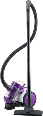 A studio shot of a purple and white bagless vacuum cleaner against a white background.