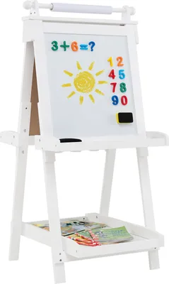 Obrázok produktu pre COSTWAY detská tabuľa obojstranná, stojanová, skladacia, výškovo nastaviteľná s tabuľou, magnetická tabuľa, rolka papiera, detská tabuľa pre deti 3+ Biela