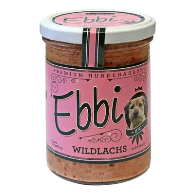 A jar of Ebbi Wildlachs dog food against a white background.