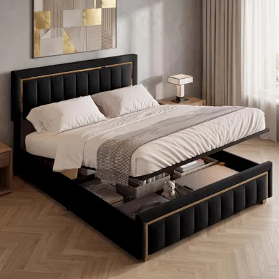 Obrázek produktu pro Postel INONEFT, čalouněná, rozměr 160x200 cm, postel s úložným prostorem, dvoulůžko, postel pro mládež s roštem, nastavitelná opěrka hlavy, samet, černá barva