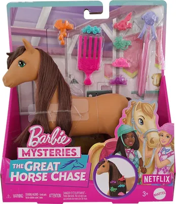 Produktbild von Barbie Mysteries Pferde-Set - The Great Horse Chase - Netflix, Pferdabenteuer, Pferdefigur mit brauner Mähne, Haarspangen, Styling-Set, HXJ37