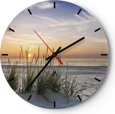 Produktbild von Wanduhr - Rund - Glasuhr - Westen Sonne Strand - 30x30cm - Schleichendes Uhrwerk - Lautlos - zum Aufhängen bereit - Dekoration Modern - Wanddekoration aus Glas - C3AR30x30-4201