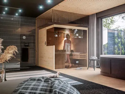 Produktbild von Massivholzsauna Nova mit 9kW Ofen finnisch und ext. Steuerung