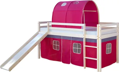 Produktbild von Homestyle4u Kinder Hochbett Mit Rutsche Leiter Vorhang Pink Massivholz Kiefer Weiß 90x200 cm