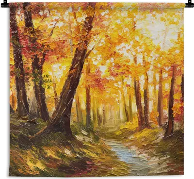 Produktbild von MuchoWow® Wandteppich Wandbehang Gemälde - Herbst - Wald - Ölgemälde 60x60 cm Tapisserie Dekoration Wandtuch - Dekorationen - Wand Decke