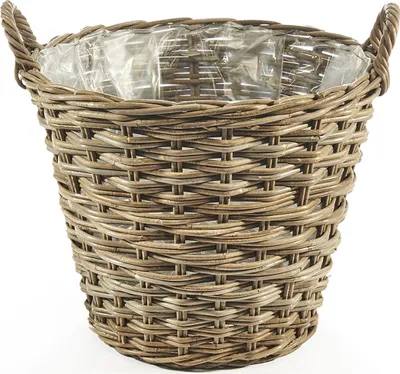 Zdjęcie produktu dla Sadzarka Kobolo Kosz do sadzenia Miska na rośliny okrągła wykonana z rattanu z foliowym uchwytem - kwiaty zioła rośliny wazon sztuczne rośliny rosnące doniczka naturalny projekt sadzarki