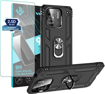 Produktbild von Armor Outdoor Handyhülle für Xiaomi Redmi 10C Handy Panzer Case Schutzhülle mit 9H Displayglas Displayschutz Farbe: Schwarz