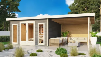 Produktbild von Karibu Gartenhaus Gerätehaus Radeburg 3 im Set 3,3 m Anbaudach und Rückwand terragrau 665x369x229,5 cm