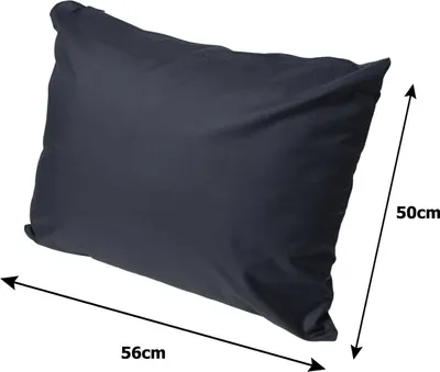 A dark gray pillow with dimensions indicated by arrows and text.