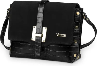Produktbild von Vezze Borchie – Stilvolle Damenhandtasche aus italienischem Naturleder mit Reptilienprägung, dekorativen Nieten und Magnetverschluss Schwarz