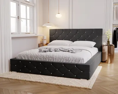 Obrázok produktu pre Čalúnená posteľ 180x200 cm Solar - Dvojposteľ Lattenrost - Kryštály, zamatová látka, úložný priestor - Spálňová posteľ Čierna