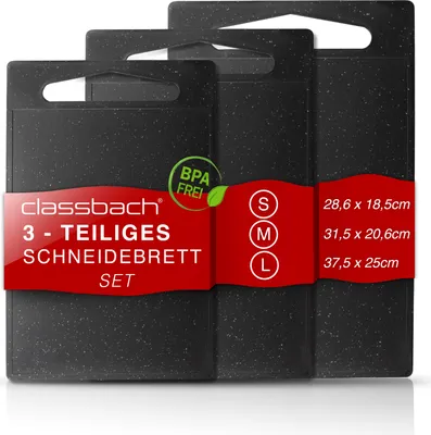 Produktbild von classbach® 3er Schneidebrett-Set Kunststoff, Spülmaschinen geeignet, Küchenschneidebrett mit Saftrinne BPA frei aus PP Kunststoff, Schneidebrettchen mit Saftrille lebensmittelecht, schwarz
