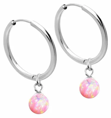 Produktbild von Chirurgenstahl Ohrclicker Creolen SYNTHETISCHER OPAL Farbe: Silber + Opal: Rosa Innendurchmesser: 14 mm