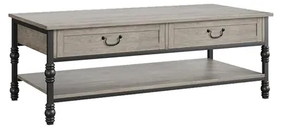 Image de Table basse en bois - Table de salon rectangulaire de 104 cm - 2 tiroirs - Étagère - Style rustique - Gris