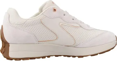 A side view of a single white sneaker with brown accents.