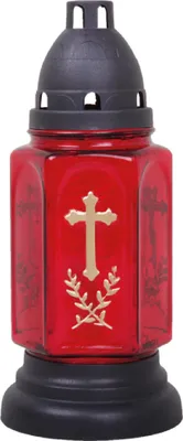 Zdjęcie produktu dla Szklany znicz nagrobny (24 cm) z krzyżem i świeczką, wzór Buena Red