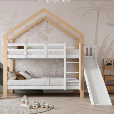 Produktbild von Kinderbett Etagenbett mit Rutsche Winkelaufstiegsleiter,Hausbett ,Bettrahmen aus Massivholz,90x200 cm