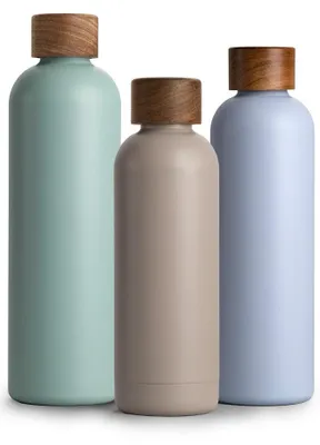 Productafbeelding van Drinkfles 500ml RVS - Isolatiefles - Levensmiddelenveilig - Thermosfles - Akaziehoutdeksel - Duurzaam - Waterfles