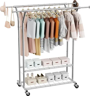 Image de Porte-manteau - Portemanteau sur roulettes - Avec 2 tringles - Avec 2 étagères - Réglable en hauteur - Capacité de charge jusqu'à 120 kg - Acier