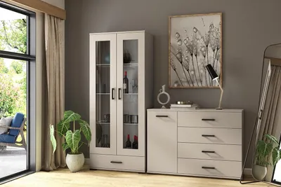 Produktbild von Wohnzimmer Set FINO III, Möbelset mit Kommode und Vitrine mit Glastüren, Moderne Wohnzimmermöbel, Wohnkombination für Esszimmer, Kaschmir