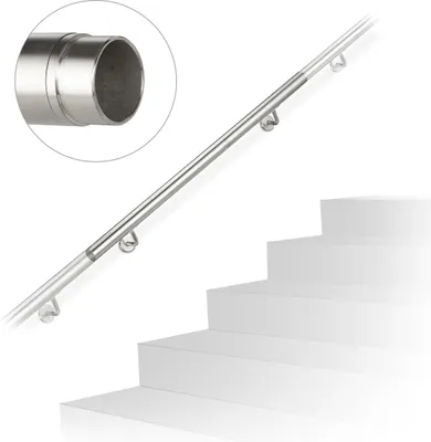 Zdjęcie produktu dla Poręcz Relaxdays, stal nierdzewna 304, z możliwością przedłużenia, do montażu wewnątrz i na zewnątrz, 100 cm, średnica 42 mm, z uchwytem, poręcz schodowa, srebrna