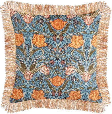 Zdjęcie produktu dla BELIANI Poduszka dekoracyjna niebiesko-pomarańczowa bawełna 45 x 45 cm welur w kwiaty frędzle z wypełnieniem salon sypialnia
