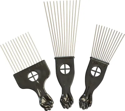 Image de set de 3 peignes Afro Pick Comb, dents larges, manche métal, noir