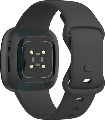 The back of a black Fitbit Sense 2 smartwatch with a silicone strap.