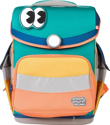 A colorful children's backpack with a cartoonish face.
