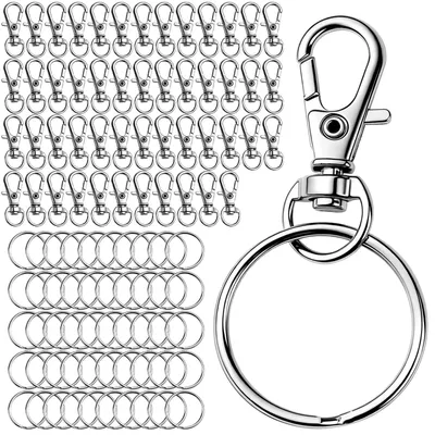 Produktbild von 100 kleine Karabiner, 50 Karabiner, 50 Schlüsselanhänger aus Metall, drehbare Karabiner, silber