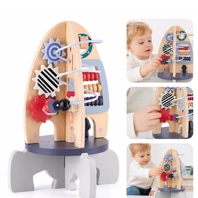 Produktbild von Montessori Holzspielzeug Rakete für Kinder ab 1 Jahr – Motorikspielzeug mit Perlenlabyrinth, Zahnrädern & Lernspiel zur Frühförderung