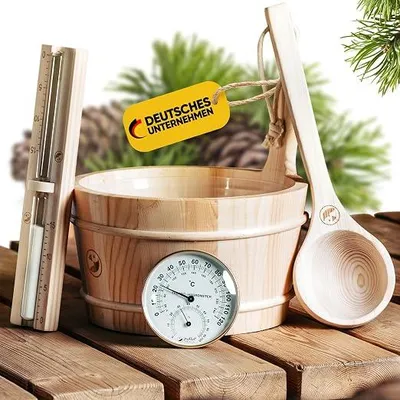 Produktbild von Sauna Zubehör Set | Saunathermometer, Hygrometer, Sanduhr, Aufguss Eimer & Saunakelle | Das perfekte Saunazubehör für Zuhause