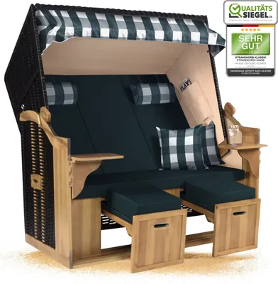 Produktbild von Strandkorb Ostsee 2,5-Sitzer 150cm breit in Schwarz Grün Weiß Kariert Montiert ideal für Balkon, Terrasse oder Garten