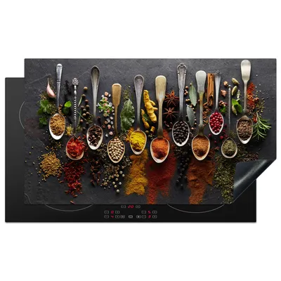 Obrázek produktu pro KitchenYeah® Krycí deska na sporák bylinky - koření - beton - lžíce, 89x51cm, kuchyňská dekorace, keramická krycí deska, krycí deska na varnou desku