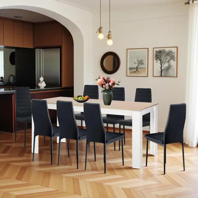 Produktbild von Essgruppe 8 Personen Esstisch 160cm Eiche-Weiß mit 8 Kunstleder Hochlehner Stühlen Schwarz