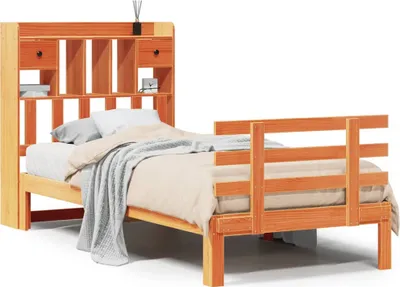 Produktbild von Massivholzbett mit Regal ohne Matratze Wachsbraun 100x200 cm