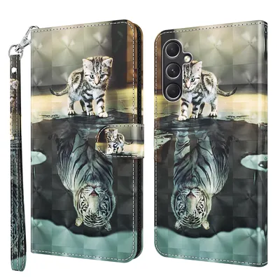 Produktbild von CLM-Tech Handyhülle kompatibel mit Samsung Galaxy A17 5G Hülle - Tasche aus Kunstleder - Klapphülle mit Ständer und Kartenfächern - Schutzhülle Wallet Case Cover Katze Tiger