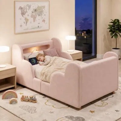 Produktbild von AIORBER Wolken-Design Kinderbett 90x200cm, Polsterbett mit Rundum-Schutzgeländer, Nachtlicht & USB-Ladeanschluss, Massivholz-Füße, für Jungen & Mädchen, Rosa Velvet