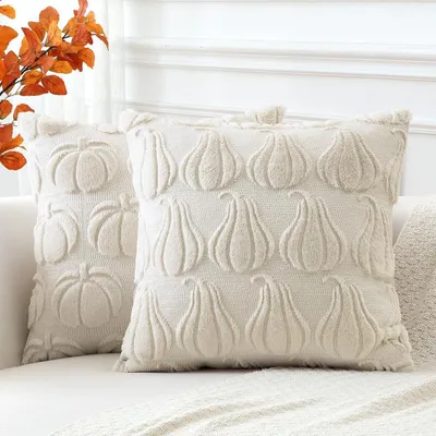 Produktbild von Kissenbezüge 2er Set Kürbis Design Wollsamt Creme Beige 45x45cm