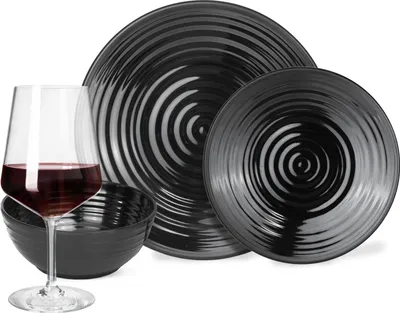Produktbild von Melamin Camping Geschirr Set 4 Personen Stone Dark Black + 4 Milano Rotwein Gläser Rot Weingläser Tafelgeschirr Picknick BBQ Kochgeschirr