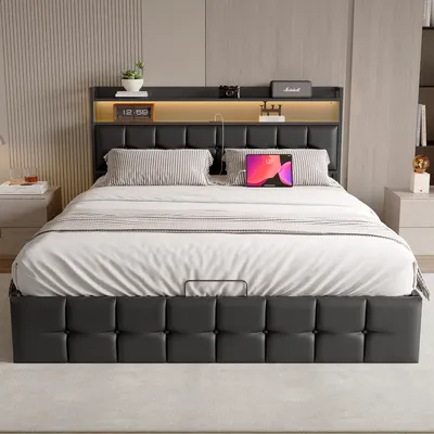 Produktbild von Gepolstertes Stauraumbett 140 x 200 cm in Kunstleder – mit LED-Beleuchtung und Ladeanschluss – Schwarz