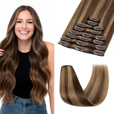 Image de Extensions à clipser, cheveux naturels 100% Remy, couleur marron moyen/blond foncé, longueur 30 cm, 8 pièces, poids total 55g